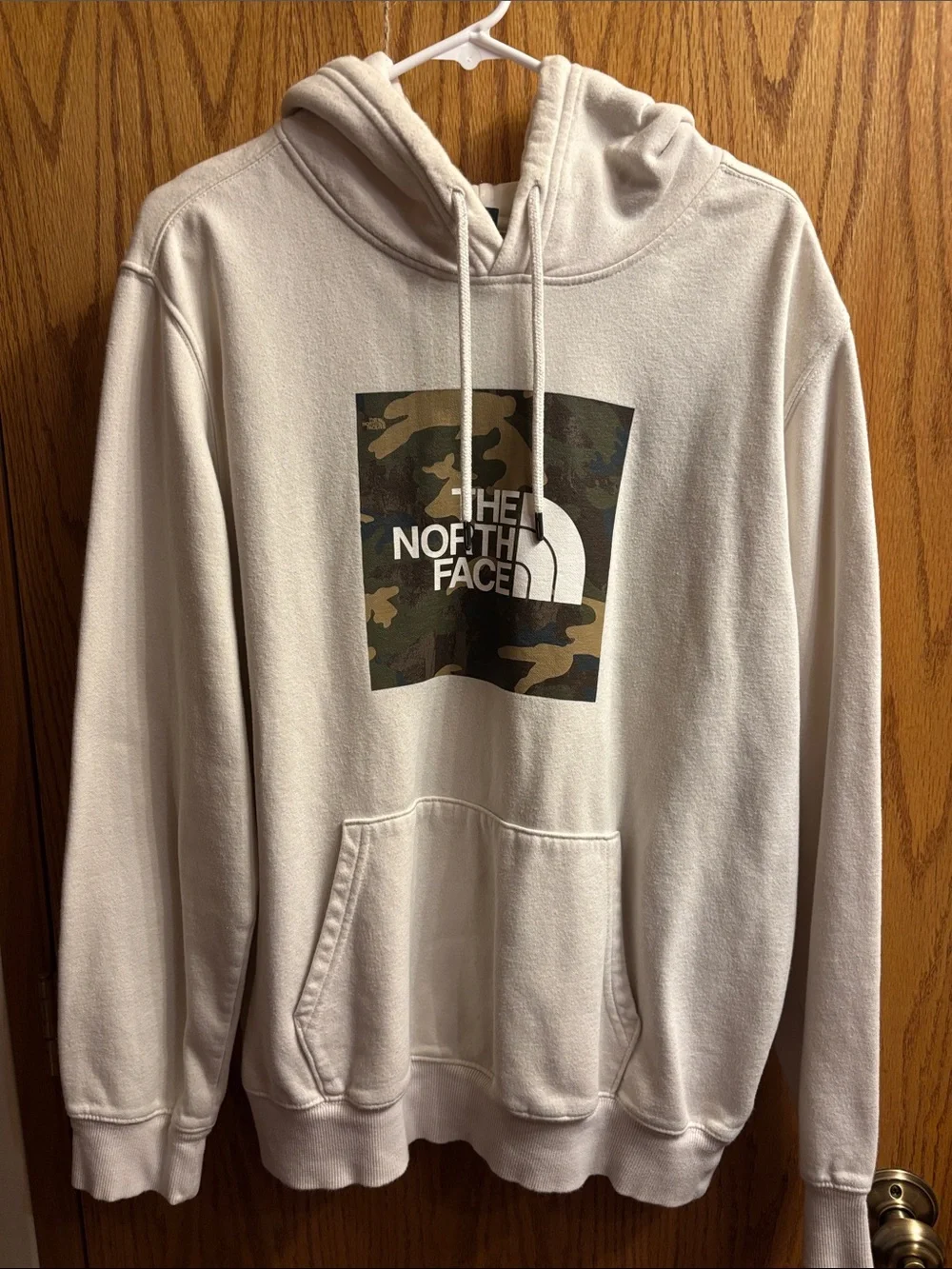 The North Face Men’s Cream Crewneck Hoodie with Camo Logo